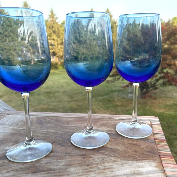 Pier 1 Cobalt Blue Balloon Clear Water Wine Goblets Stemware Set Of 3 - Picture 6 of 8
